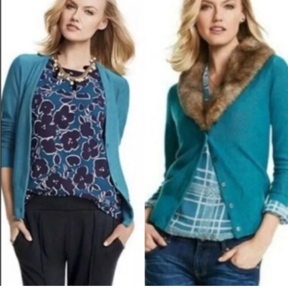Cabi Tearoom Cardigan Teal Blue Green Fur V-Neck Long Sleeve 3018 Sz M - Picture 3 of 8